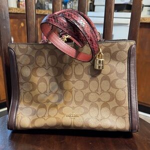 Coach Zoe Carryall in signature brown & red detachable strap